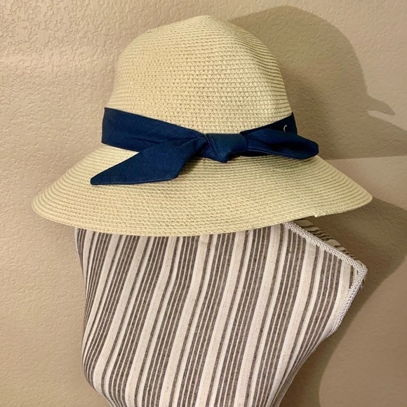 NEW Furtalk Straw Hat Navy Blue Bow Adjustable Size Detachable Chin Strap Paper - Picture 1 of 16